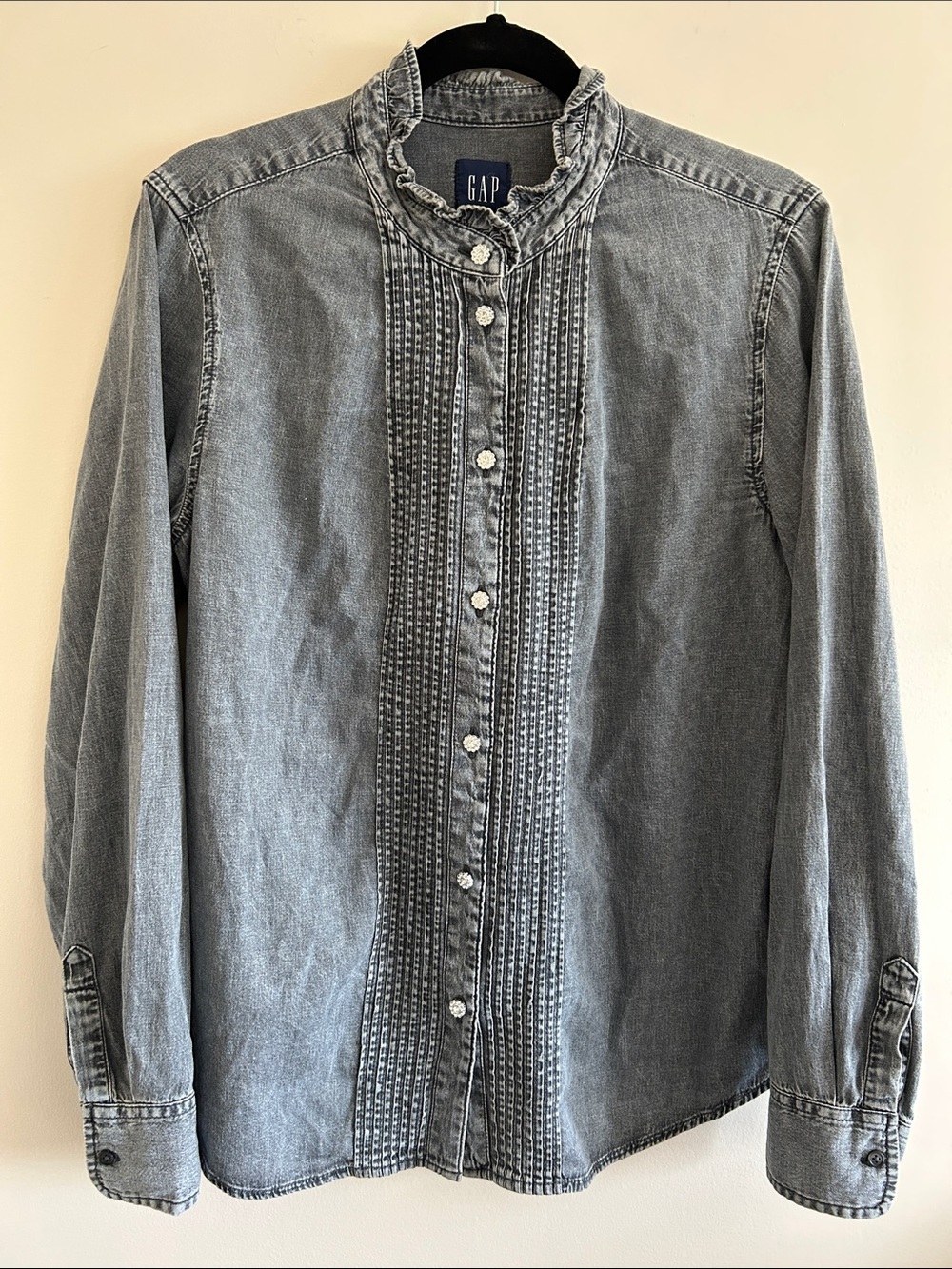 GAP Jewelled Pintuck Denim Grey Wash Button-Front Shirt, Size L